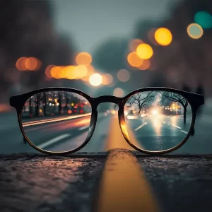 Blurred city image with focused lenses.